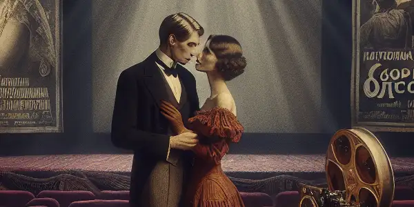A vintage Russian cinema scene featuring a couple in an intimate embrace, surrounded by iconic film posters and nostalgic ambiance.