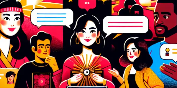 A vibrant online community forum featuring diverse animated characters engaging in discussions about adult content and Japanese AV films.