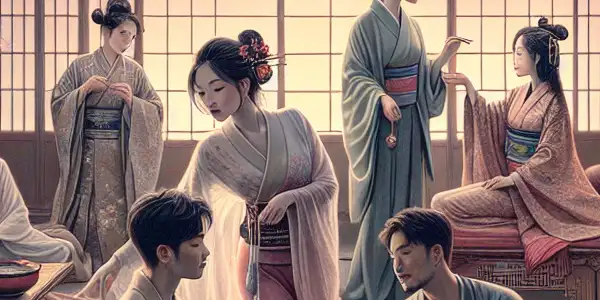 A serene, intimate scene depicting diverse individuals in a romantic interaction, surrounded by traditional Asian motifs.