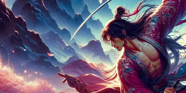 A heroic warrior in traditional attire wields a sword amidst a mystical landscape of cherry blossoms and a moonlit lake.