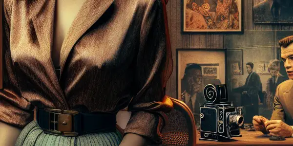 A confident woman in 1970s attire, surrounded by vintage film elements in a dimly-lit, nostalgic room.