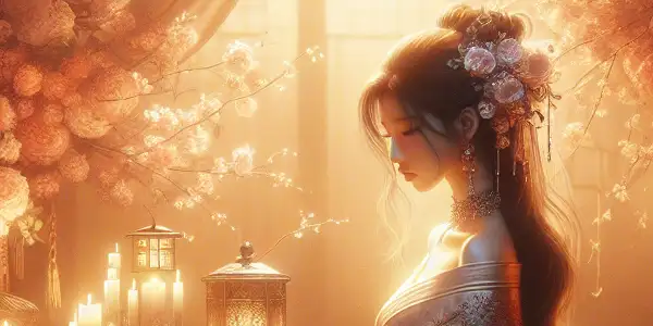 A captivating woman named 宝莲 in an intimate, romantic setting filled with silk curtains, candles, and flowers.