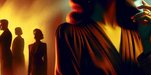 A captivating female protagonist in a dimly lit, suspenseful setting, exuding allure and mystery.