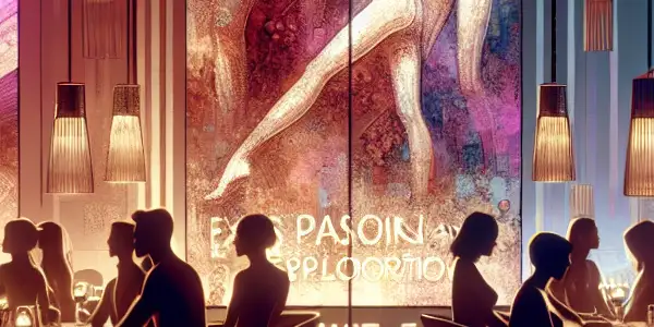 A vibrant lounge filled with diverse people discussing adult themes, featuring abstract visuals and a fusion of cultures.