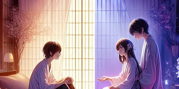 A couple transitions from a serene, intimate setting to a passionate, intense atmosphere, capturing emotional evolution.