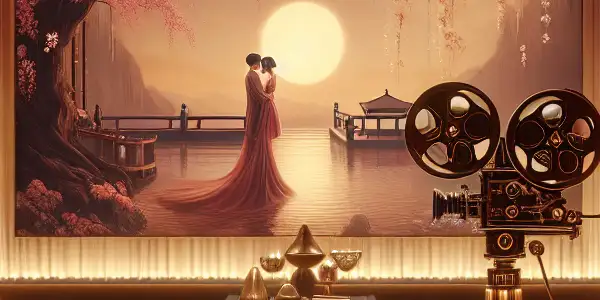 A dimly lit room featuring a film projector, vintage reels, cherry blossoms, and romantic silhouettes.