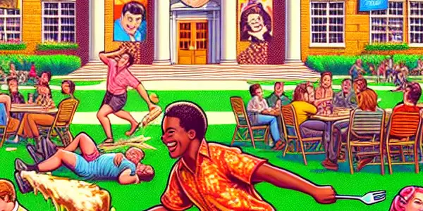 A lively college campus scene featuring students in a humorous pie fight and awkward dance-off, embodying youthful exuberance.
