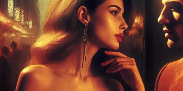 A charismatic man and woman engage in an intimate conversation in a cozy, dimly lit urban café.