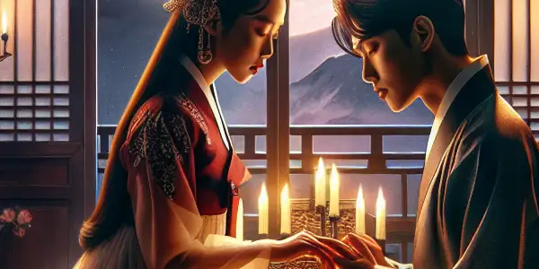 A couple in an intimate embrace in a luxurious, dimly lit room with traditional Korean decor.