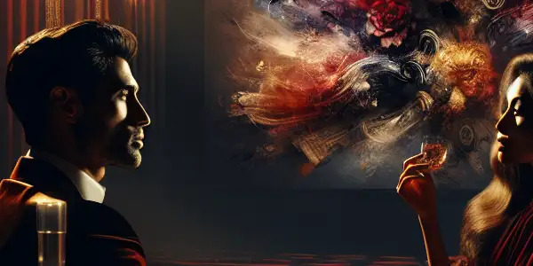 A stylish couple shares an intimate moment in a softly lit cinema, surrounded by romantic details and abstract imagery.