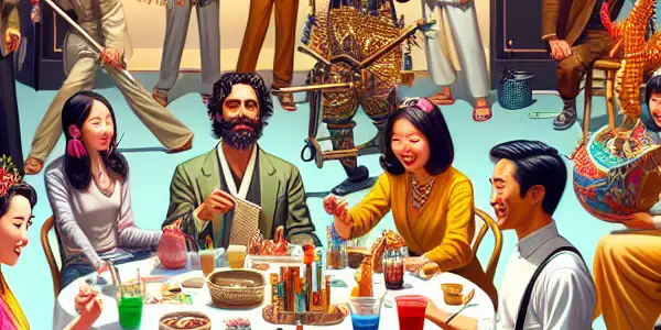 A lively brainstorming session among diverse characters on a vibrant film set, exploring creativity and playful desires.