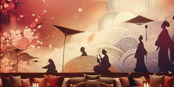 A stylish upscale lounge with plush seating, ambient lighting, and abstract art, hinting at intimacy and social interaction.