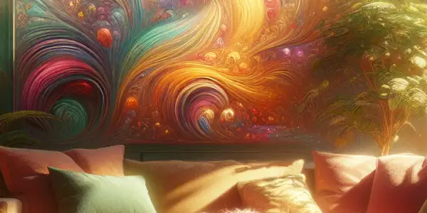 A cozy room with a couch, laptop displaying a romantic scene, plants, books, tea, and magazines.