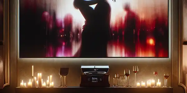 An intimate, elegantly decorated room featuring silhouettes of couples, soft lighting, and romantic elements.