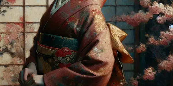 A Japanese widow in traditional attire stands in a softly lit room, embodying melancholy and allure amidst cherry blossoms.<a href=