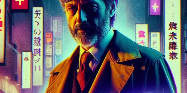 Martin Barado stands confidently in a neon-lit Tokyo street, surrounded by elements of Japanese AV cinema and passion.