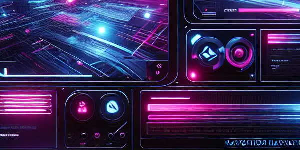 Futuristic digital interface for navigating adult entertainment categories with neon accents and abstract film representations.