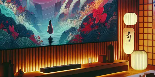 A cozy home theater with a large screen, plush seating, and Japanese decor, overlooking a serene garden.