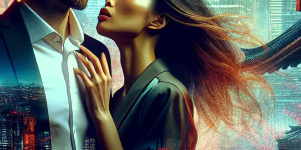 A vibrant Tokyo night scene featuring two figures in a passionate embrace, surrounded by neon lights and cherry blossoms.