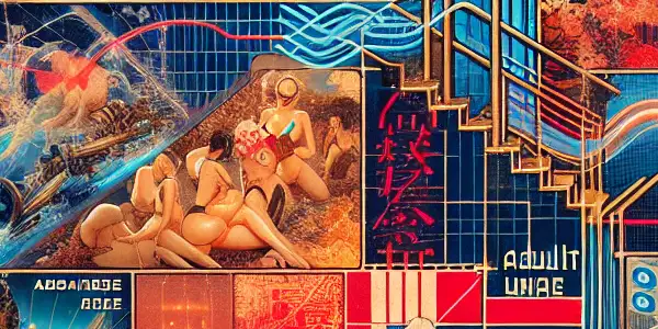 A collage illustrating the evolution of Japanese adult films, contrasting the Early Golden Age with modern technological innovations.