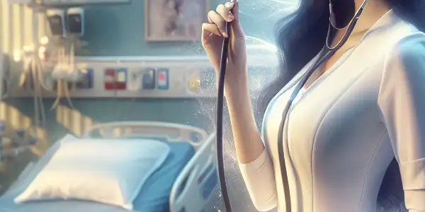 A captivating nurse in a traditional Japanese uniform in a softly lit hospital room, exuding charm and allure.