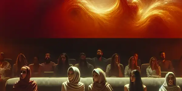 A cozy home theater scene with diverse people enjoying an intimate movie experience, surrounded by warm lighting and snacks.