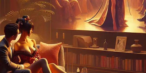 A couple shares an intimate moment in a stylish room, surrounded by luxurious decor and a screen displaying adult film clips.