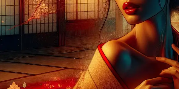 A mysterious woman in a flowing kimono surrounded by traditional Japanese decor and cherry blossoms, evoking sensuality and allure.