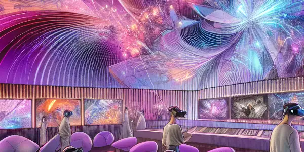 A futuristic VR lounge with diverse individuals immersed in adult entertainment experiences, featuring vibrant visuals and plush seating.