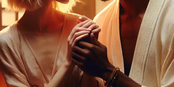 A couple playfully engaged in gentle bondage in a cozy, warmly lit bedroom setting.